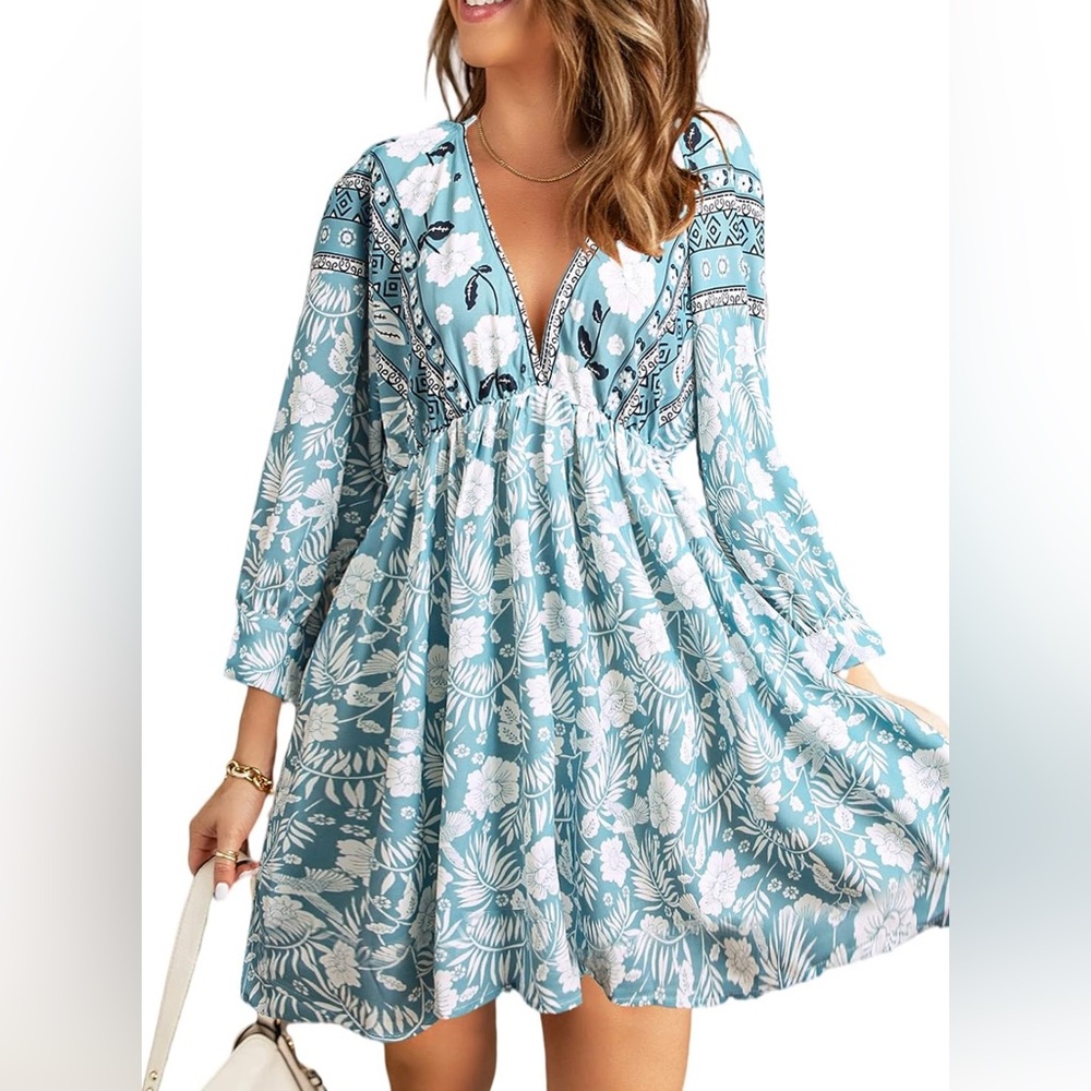 *SOLD* Boho Floral V Neck Dress - Picture 1 of 7